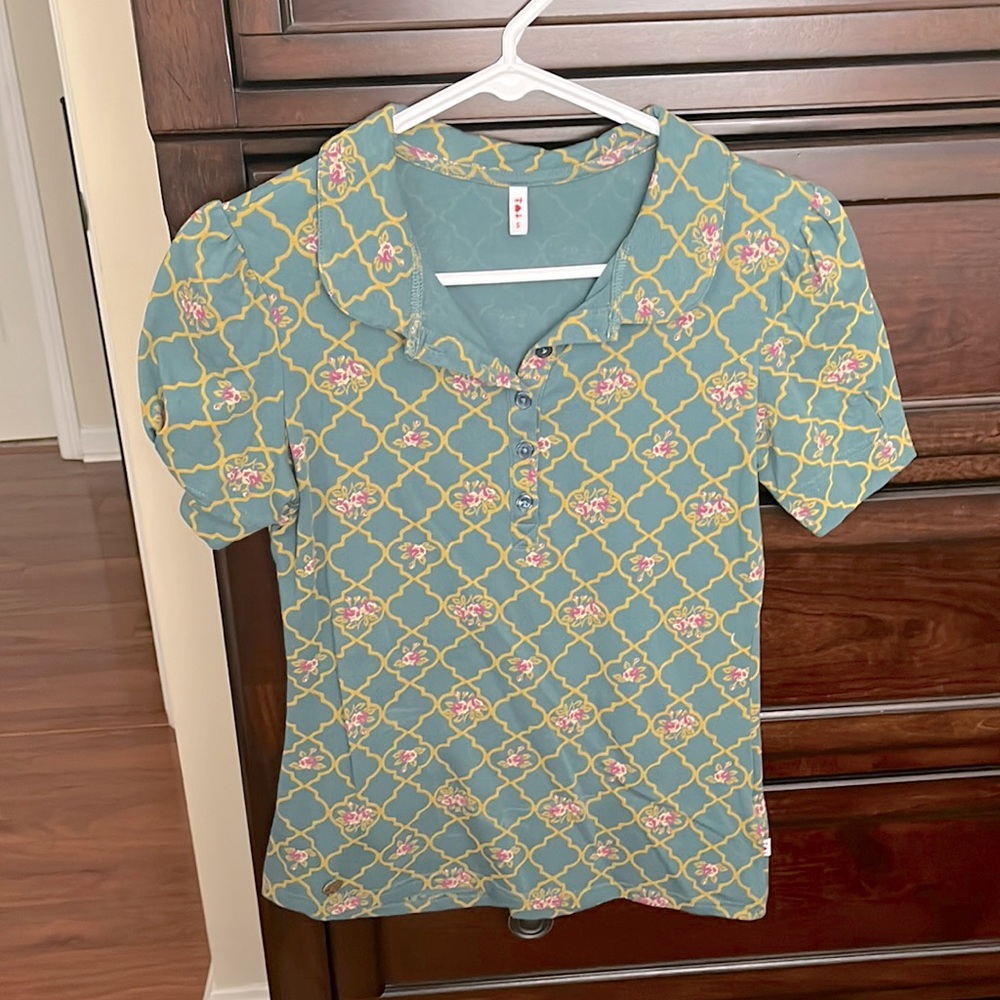 ModCloth teal floral pattern button collar top
